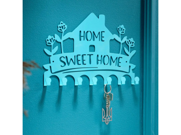 Ключниця настінна металічна 27х18.5см. Колір "бірюзовий" Home. Sweet Home 7 гачків
