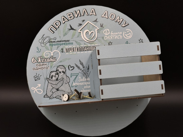 Ключниця з УФ-друком. "Правила дому". Бірюзовий колір. 295мм. Корзинка 12х10х10см.