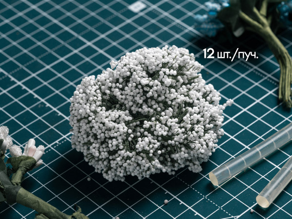 Кульки білі на гілках 12 штук/пучок на дроті для рукоділля, хобі, декору