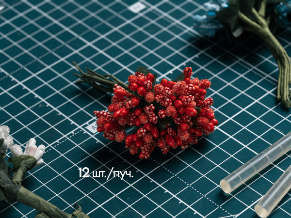 Тичинки на гілці червоні 12 штук/пучок на дроті для рукоділля, хобі, декору